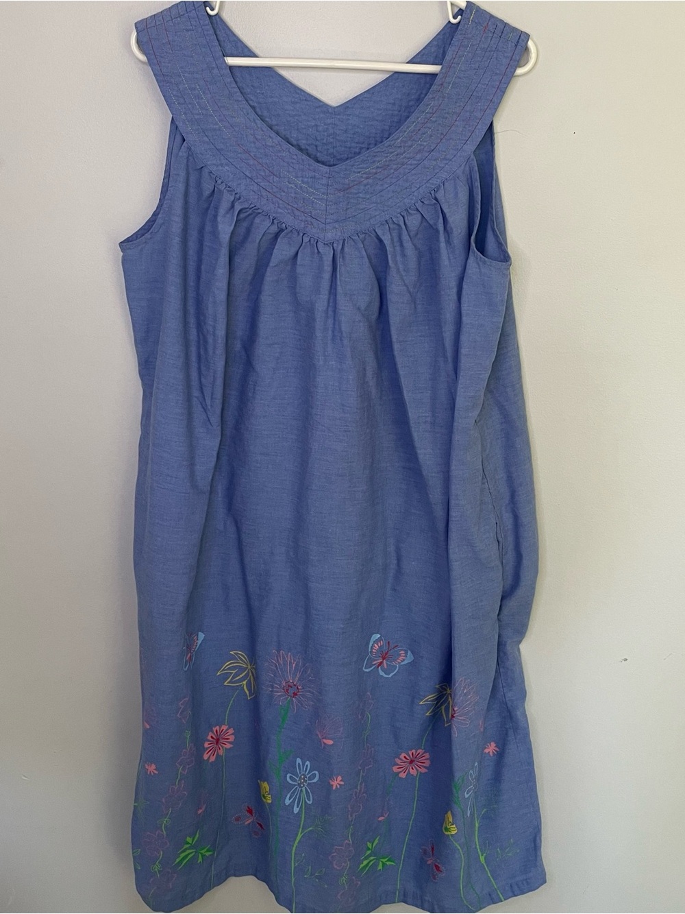 Vintage Blue Smocked Dress
3XL Sleeveless Rainbow Trim Cottagecore Maxi Flowers